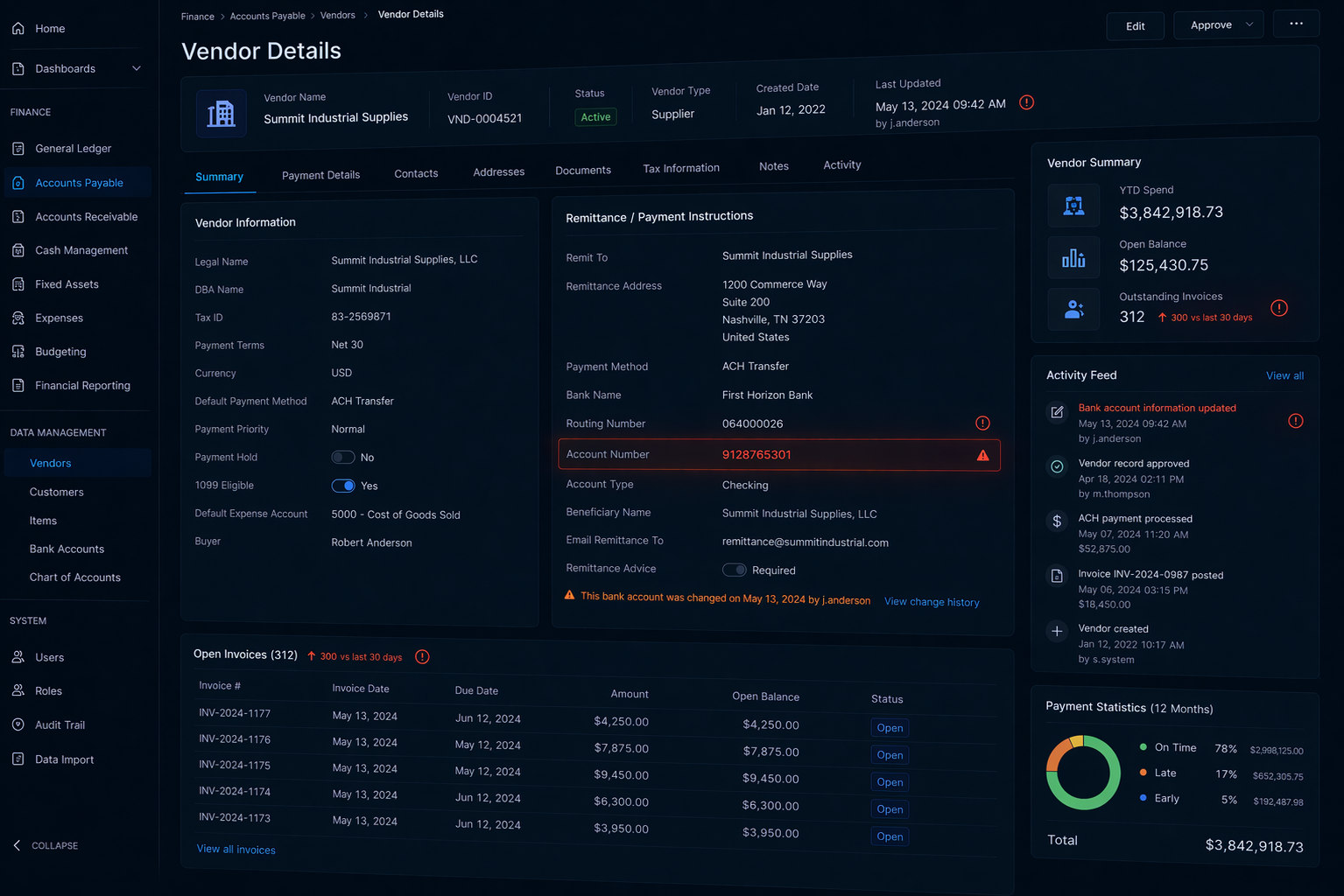 An enterprise AR dashboard showing a subtly altered bank account field — the single changed line item highlighted in amber while everything else appears normal and untouched