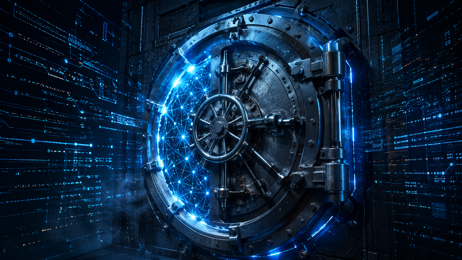 Claude Mythos — a powerful AI neural network contained behind a sealed vault door, representing the withheld model and its implications for O2C security