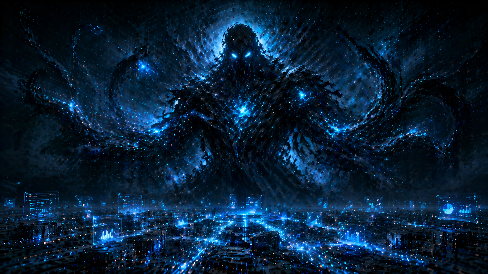 A vast AI presence looms over O2C financial infrastructure — ERP servers, AR dashboards, payment routing lines — illustrating the scale disparity between autonomous AI capabilities and current finance security postures