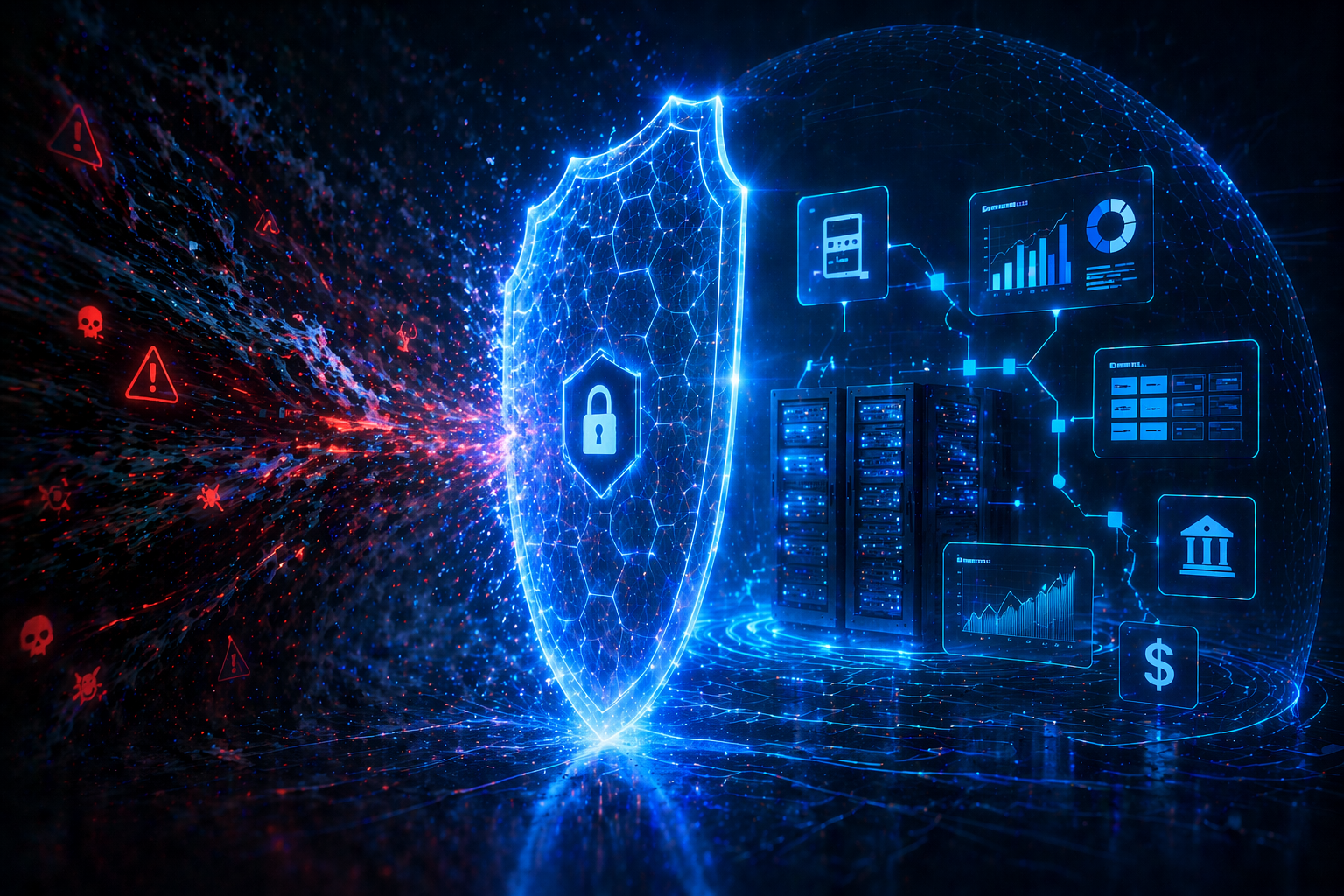 A protective digital shield of interconnected hexagonal panels in electric blue and cyan stands between financial system icons and the threat landscape — representing the defense-first posture O2C leaders need to build