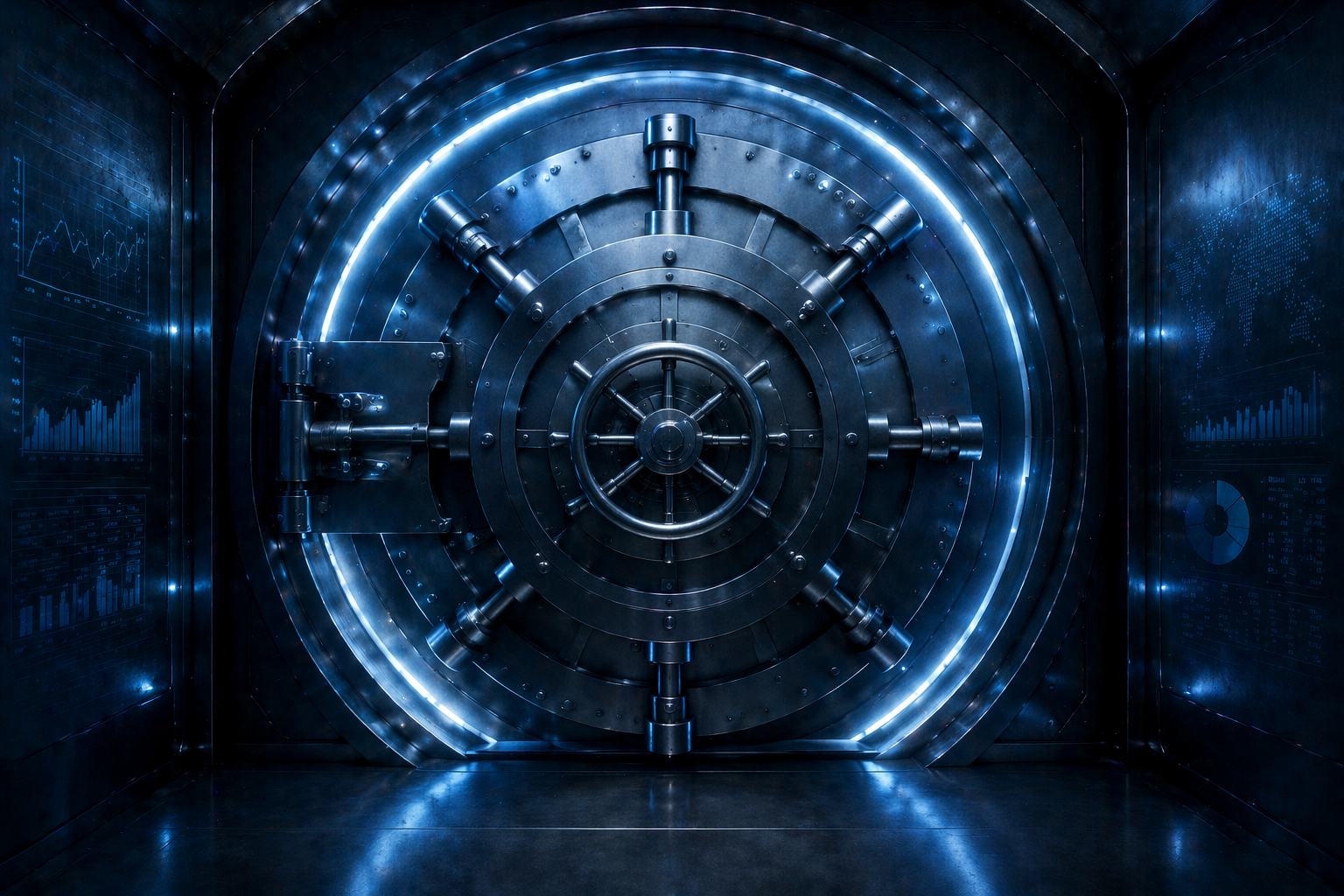The interior view of a vault door, now sealed and locked from the inside — warm light glowing within the protected space, with darkness visible outside. A visual shift from threat to security and control.