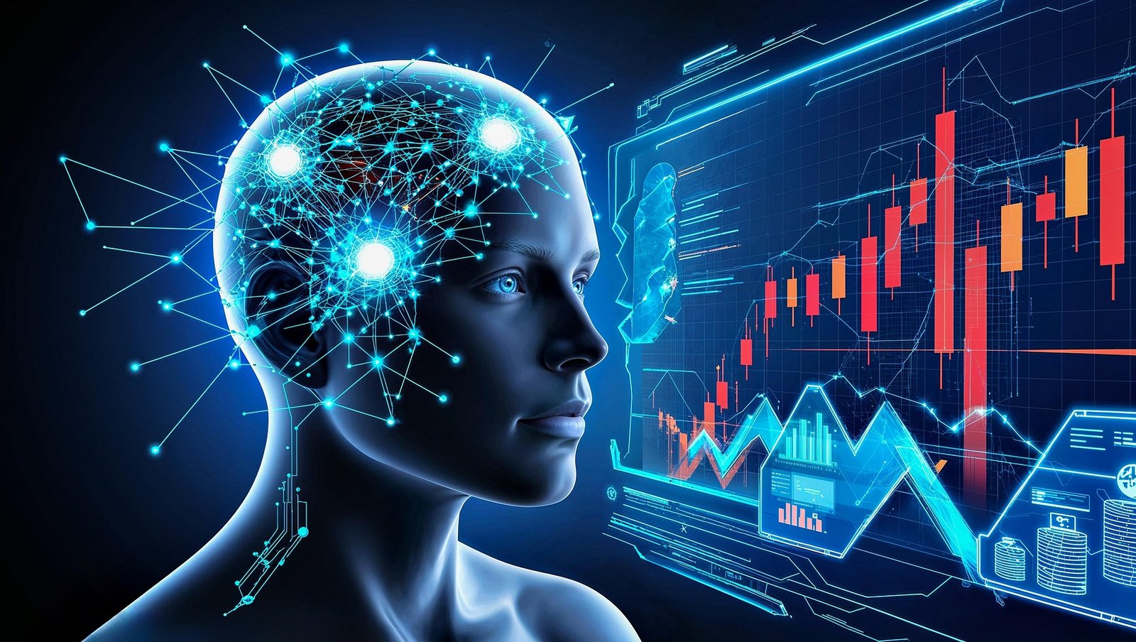 AI and financial intelligence — neural network visualization with financial market data